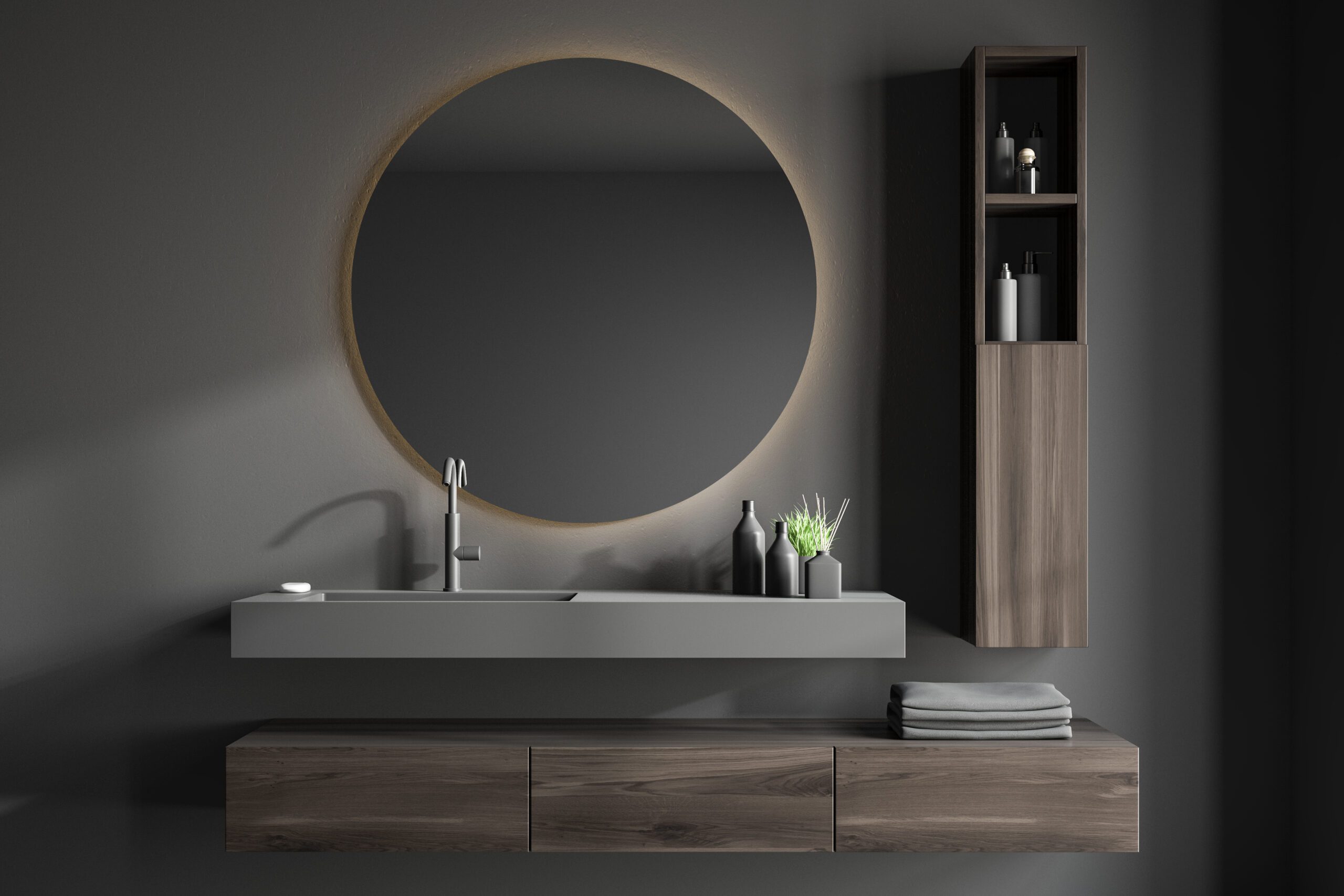 Gray bathroom interior with sink and mirror